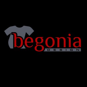 May include: The Begonia Design logo features the word "begonia" in red, stylized font, with a gray t-shirt graphic behind the word. The word "design" is in gray, below the word "begonia". The background is black.