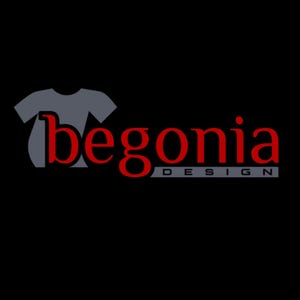 May include: The Begonia Design logo features the word "begonia" in red, stylized font, with a gray t-shirt graphic behind the word. The word "design" is in gray, below the word "begonia". The background is black.