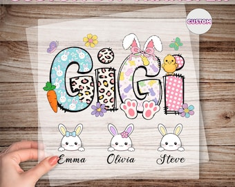 Custom Easter Gigi DTF Transfer, Personalized Grandkids Name Graphic Print, Grandma Easter Day Ready To Press, Easter Bunny Dtf