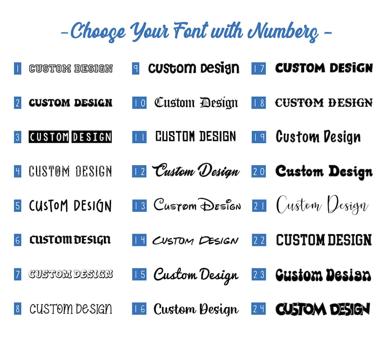 a collection of various custom font designs, each with a different number, allowing users to choose their preferred font.