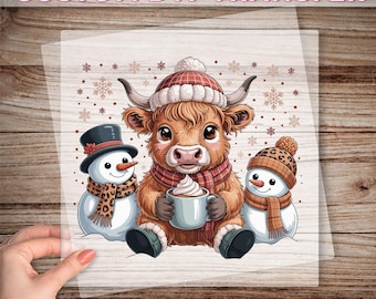 Cute Highland Cow Christmas DTF Transfer, Fluffy Cow Christmas Print, Christmas Animal Ready To Press, Snowman Dtf, Christmas Gift