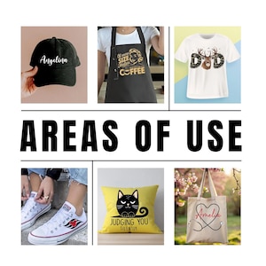 a collage of different items with the words areas of use