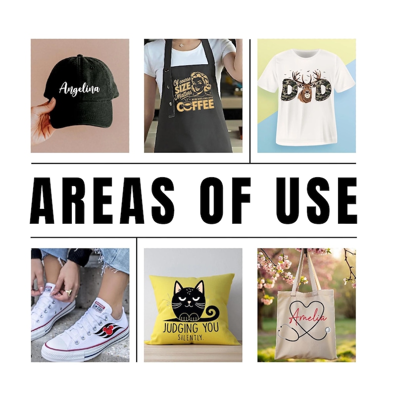 a collage of different items with the words areas of use