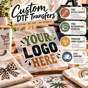 May include: A transparent sheet featuring the text YOUR LOGO HERE in olive green, black, and brown. The image includes promotional text for custom DTF transfers, highlighting free design support, background removal, and fast shipping options.