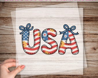 Coquette USA DTF Transfer, 4th of July Print, Stars Stripes USA Flag Direct to Film, Floral Patriotic, Red White Blue