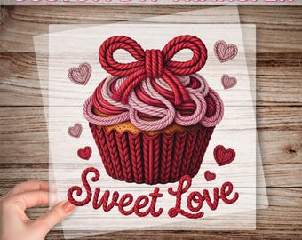 Sweet Love Cupcake DTF Transfer, Knitted Image Valentine Heart Ready To Press, Valentine's Day Gift, Crochet Yarn Lover Printing Gift