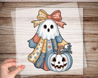 Patchwork Ghost DTF Transfer, Cute Ghost Ready To Press, Ghost And Pumpkin Dtf Print, Girly Halloween Dtf, Retro Halloween Ghost Dtf