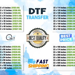 The image is a promotional advertisement for a DTF (Digital Transfer) service, displaying various sizes of DTF transfers and their corresponding prices.
