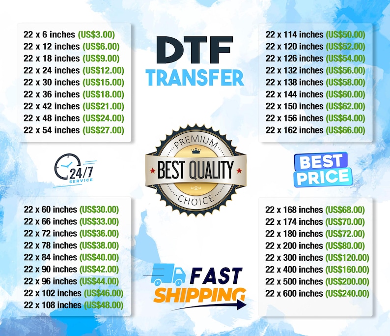 The image is a promotional advertisement for a DTF (Digital Transfer) service, displaying various sizes of DTF transfers and their corresponding prices.