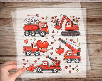 Construction Valentine DTF Transfer, Heart Truck Love Theme Kids Print Iron On Decal, Cute Vehicle Boys Valentine Ready To Press