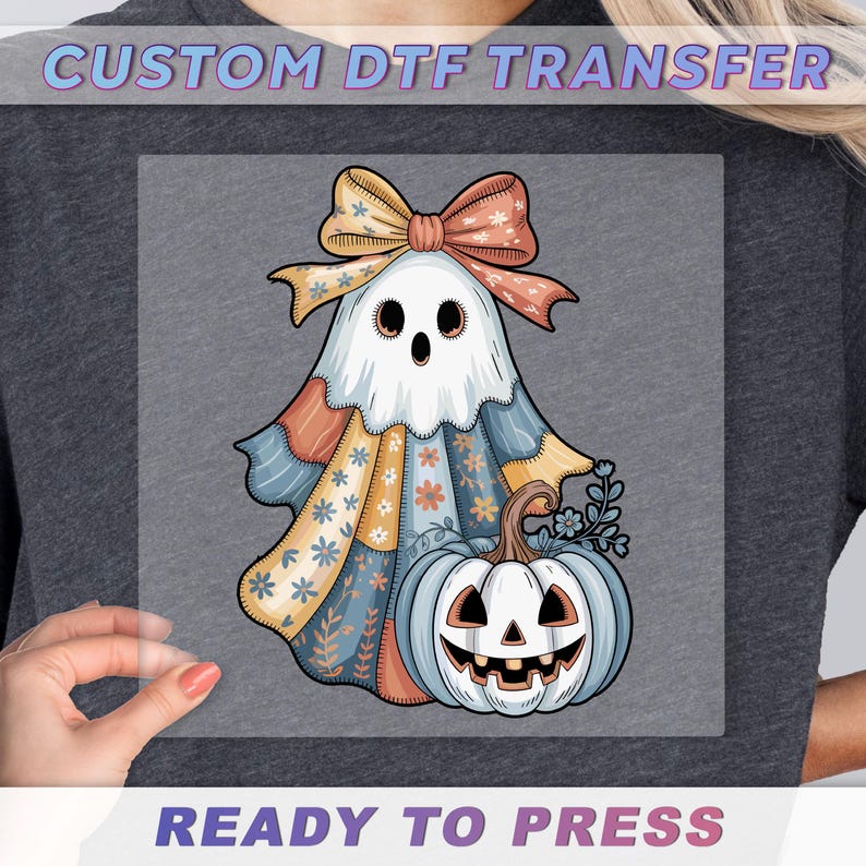 a Halloween-themed graphic with a ghost, a pumpkin, and a bow.