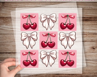 Retro Coquette Pink Bow Cherry Ready To Apply, Cherry Bow DTF Transfer, Valentine's Day Gift, Valentine's Day Dtf Print For Womens