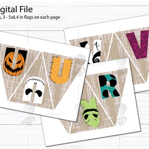 May include: A printable Halloween banner with the word "BOO" in triangular flags. Each flag features a different character from the Nightmare Before Christmas movie: a pumpkin, a stitched-up monster, and Jack Skellington. The flags are on a beige background with a distressed texture.