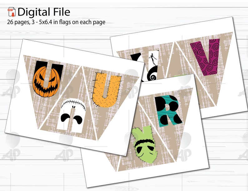 May include: A printable Halloween banner with the word "BOO" in triangular flags. Each flag features a different character from the Nightmare Before Christmas movie: a pumpkin, a stitched-up monster, and Jack Skellington. The flags are on a beige background with a distressed texture.