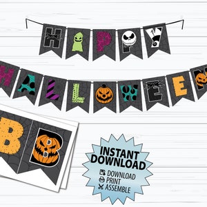 May include: Printable Halloween banner with black, green, purple, orange, and white letters that spell "Happy Halloween". The letters are decorated with spiderwebs, pumpkins, and characters from the movie "The Nightmare Before Christmas".