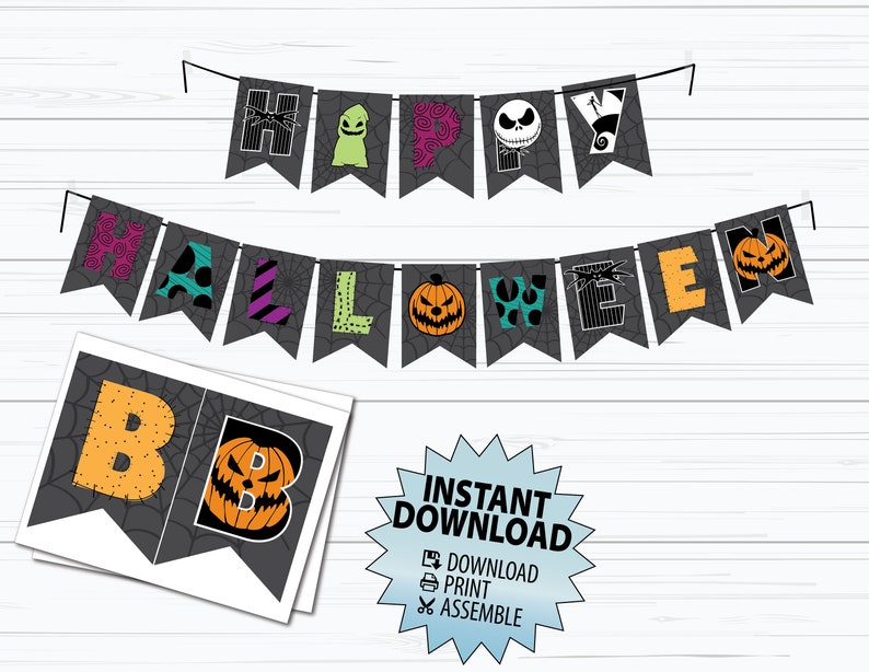May include: Printable Halloween banner with black, green, purple, orange, and white letters that spell "Happy Halloween". The letters are decorated with spiderwebs, pumpkins, and characters from the movie "The Nightmare Before Christmas".