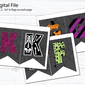 May include: A printable Halloween banner with the letters "KGF" in a spooky, patchwork style. The letters are decorated with spiderwebs, skeletons, and other Halloween motifs. The banner is designed to be printed on 26 pages, with two 5x7 inch flags on each page.