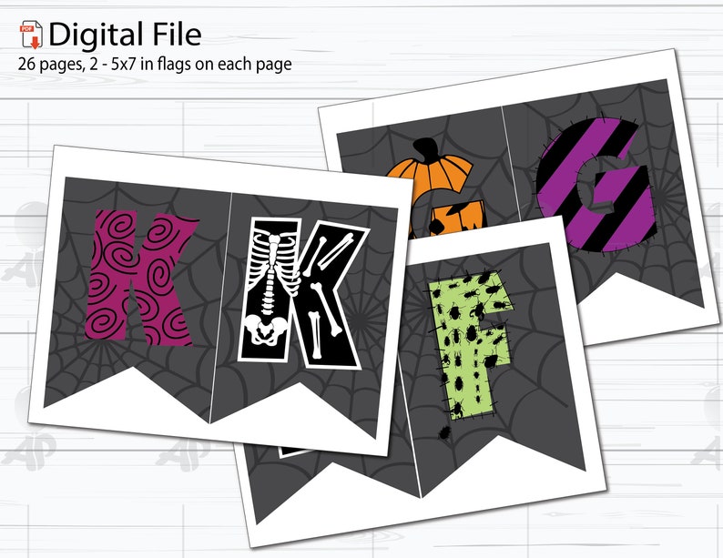 May include: A printable Halloween banner with the letters "KGF" in a spooky, patchwork style. The letters are decorated with spiderwebs, skeletons, and other Halloween motifs. The banner is designed to be printed on 26 pages, with two 5x7 inch flags on each page.