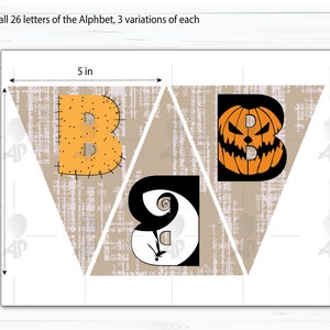 May include: A printable Halloween banner featuring the letter "B" in three different styles. The banner measures 6.4 inches tall and 5 inches wide. The letter "B" is shown in a patchwork style, a pumpkin style, and a ghost style.