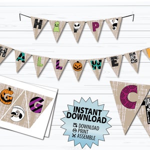 May include: Printable Halloween banner featuring the words "Happy Halloween" in black, white, green, and orange letters with various Halloween-themed graphics. The banner is on a burlap background. The image also includes a close-up of the letters "G" and "T" from the banner.