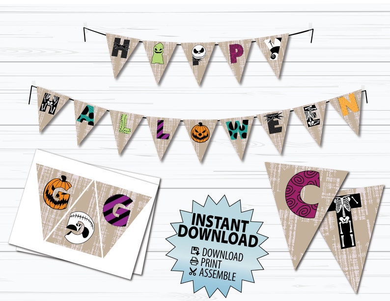 May include: Printable Halloween banner featuring the words "Happy Halloween" in black, white, green, and orange letters with various Halloween-themed graphics. The banner is on a burlap background. The image also includes a close-up of the letters "G" and "T" from the banner.