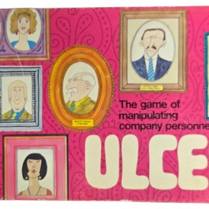 May include: A vintage board game box with a pink background and illustrations of framed portraits. The game is titled "ULCERS" with text that reads "The game of manipulating company personnel."