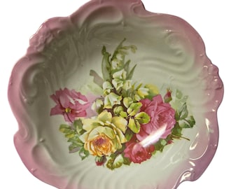 Bol de servir antiguo alemán de porcelana pintado a mano con motivos florales