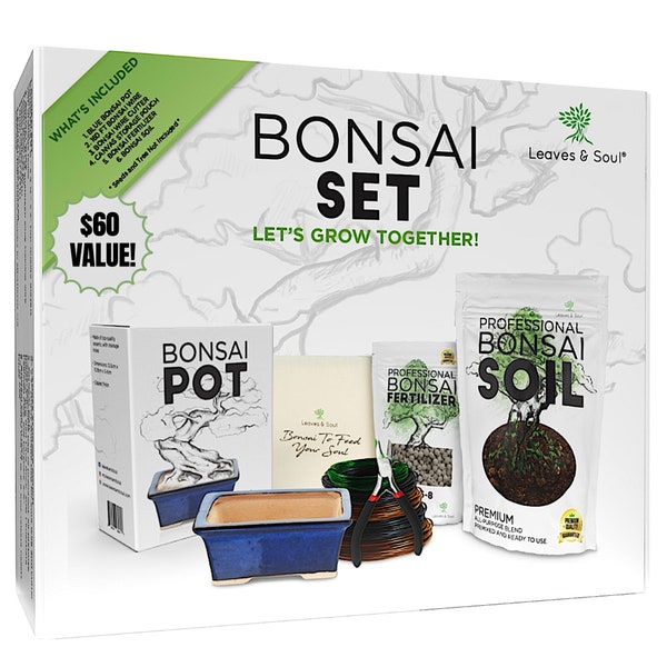 Complete Bonsai Set- Small Blue Rectangle Bonsai Pot | 160ft Bonsai Hobby Wire | Wire Cutter | Bonsai Soil | Bonsai Fertilizer | Storage Bag