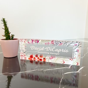 Personalized Name Plate for Desk, Flower Design On Clear Acrylic Glass, Custom Office Decor Nameplate Sign, Personalized Gift