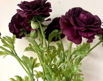 Dark Burgundy Artificial Ranunculus, Real Touch Ranunculus Stem, Deep Purple Ranunculus Flower, Faux Ranunculus Flower