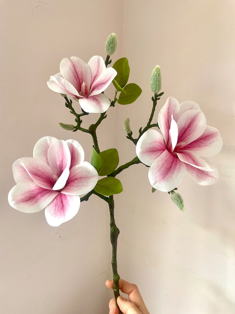 Puede incluir: Un ramo de tres flores de magnolia rosas y blancas con hojas y capullos verdes.