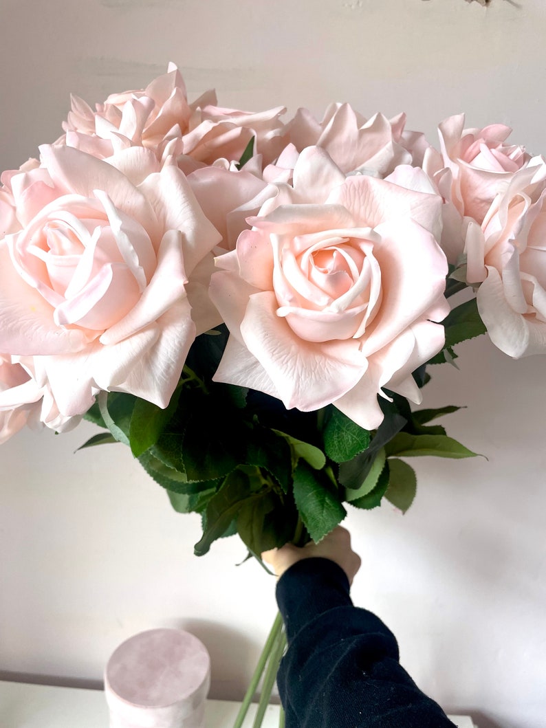 May include: A bouquet of blush pink artificial roses with green leaves.