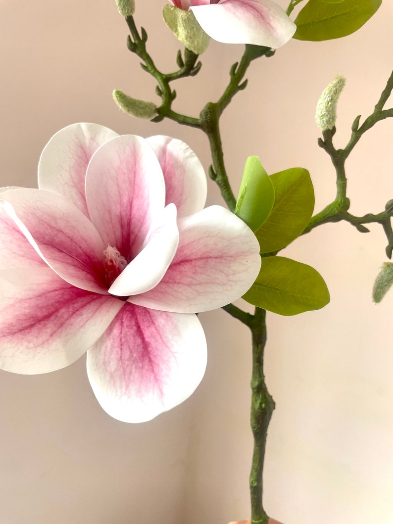 Puede incluir: Un solo tallo de flores de magnolia artificiales con p&eacute;talos rosados y blancos y hojas verdes.