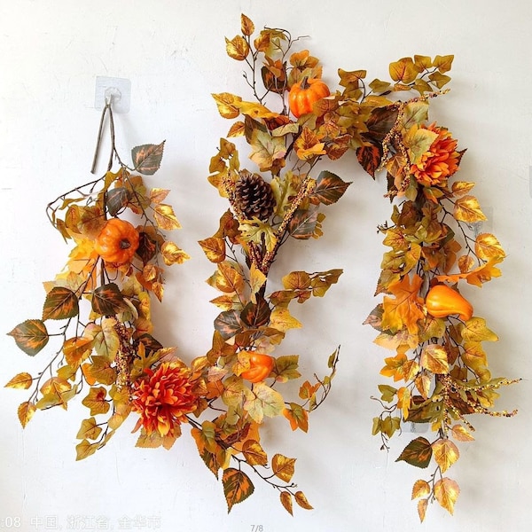 Luxe Artificial Autumn Garland 180 cm, Faux Autumn Leaf Garland With Pine Cones And Pumpkins, Faux Autumn Decor, Artificial Leaf Garland