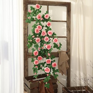 Romantic Pink Rose Vine Garland | Artificial Silk Roses with Greenery | Hanging Floral Decoration for Weddings, Events & Home Décor