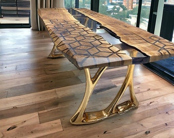 Clear Epoxy Dining Table, Unique Geometric Pattern Clear Epoxy Resin Dining Table,Walnut Dining Table, Walnut Epoxy Table, Epoxy Table