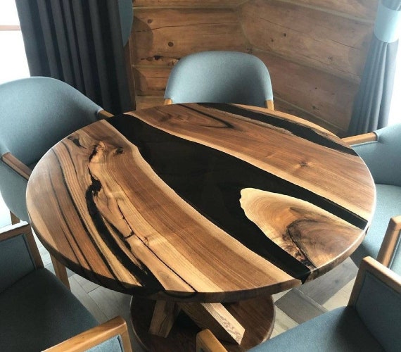 Round Epoxy Resin Dining Table, Custom Black Epoxy Table by