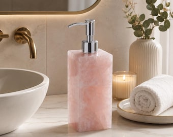 Luxury Rose Quartz Soap Dispenser | Handmade Natural Crystal Lotion Pump | Elegant Bathroom & Kitchen Countertop Accessory