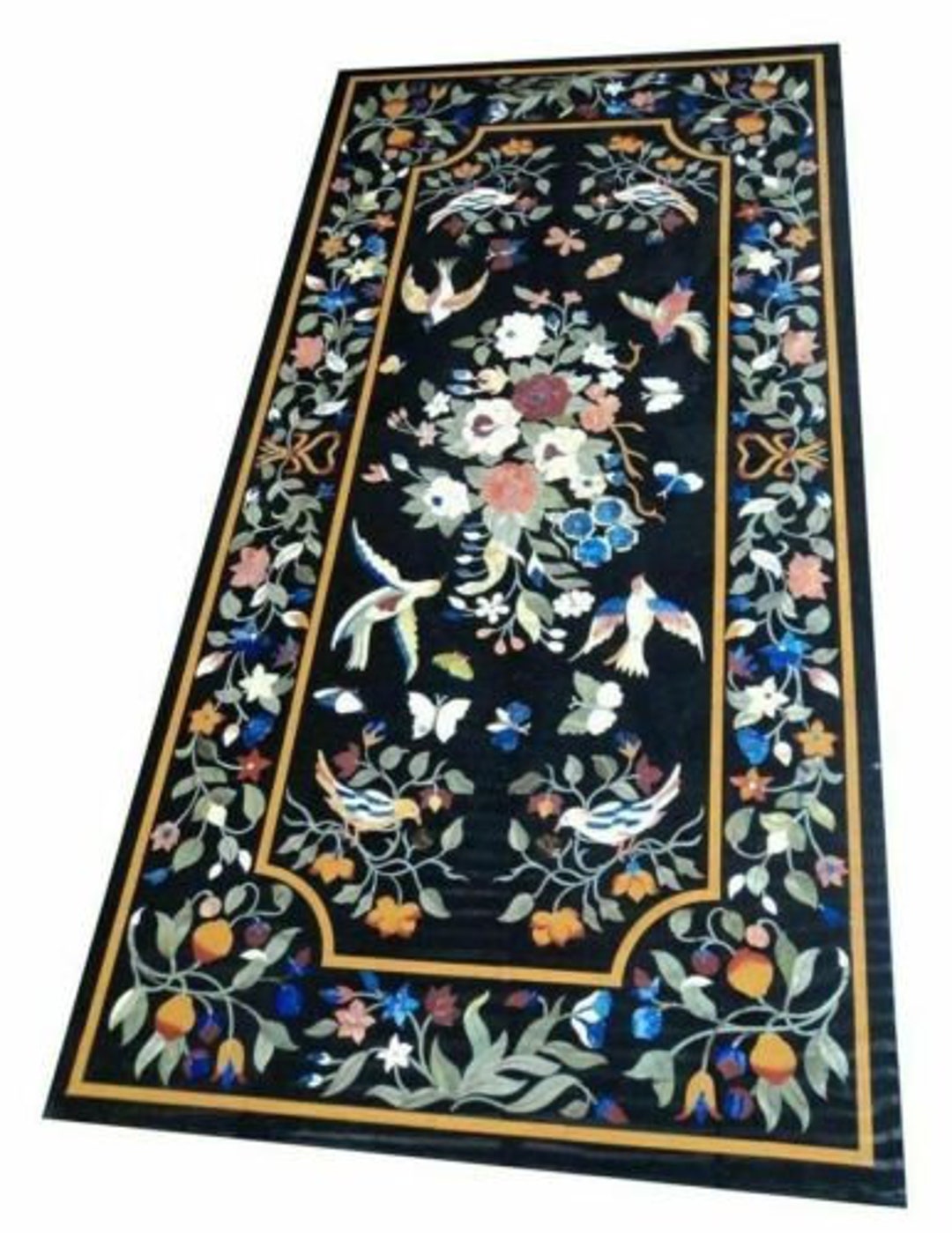6'x3' Black Marble Table Top Bird Coffee Dining Inlay Malachite Lapis Decor, Handmade