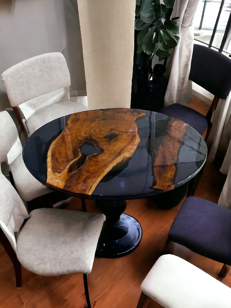 Luxury handcrafted black resin dining table
Custom round epoxy dining table
Artisan black epoxy wood furniture
Black epoxy round table for modern dining room