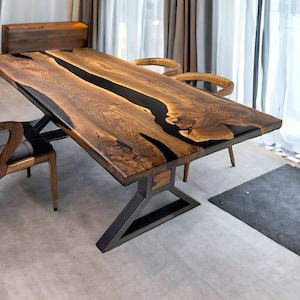 Walnut Wood Epoxy Dining Table, Epoxy Table Top, Black Epoxy Table, Walnut Dining Table, Walnut Epoxy Table,  River Table, Epoxy Resin Table