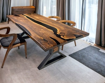 Walnut Wood Epoxy Dining Table, Epoxy Table Top, Black Epoxy Table, Walnut Dining Table, Walnut Epoxy Table,  River Table, Epoxy Resin Table
