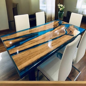 Luxury Blue Resin Epoxy Wood Dining Table, Handmade River Table, Live Edge Walnut Dining Furniture, Modern Home Decor