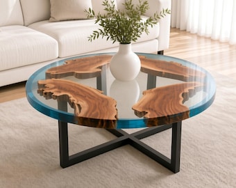 Handmade Round Epoxy Resin Coffee Table, Live edge epoxy resin coffee table, round clear epoxy resin coffee table