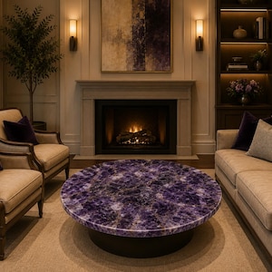 May include: A round coffee table featuring a polished purple amethyst gemstone top with a dark circular base, positioned in a room with two beige armchairs, a beige sofa, and a fireplace with a large abstract painting above it.