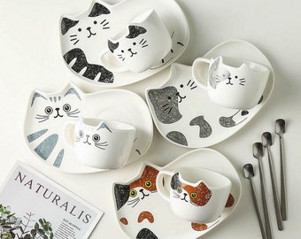 Taza de gato con plato de gato - juego de platos de taza - té de café