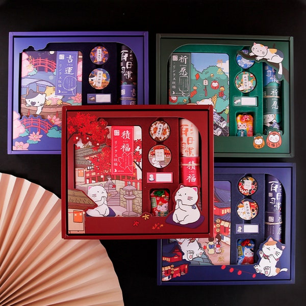 Coffret cadeau papeterie Japon - saison et chat - carnet, washi tape, notes autocollantes, O-Mamori, calendrier