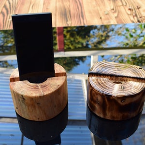 Smartphone stand tree trunk wood pine docking station flamed painted oiled rustic yet elegant