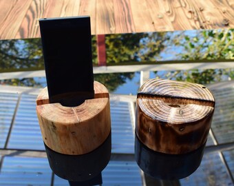 Smartphone stand tree trunk wood pine docking station flamed painted oiled rustic yet elegant