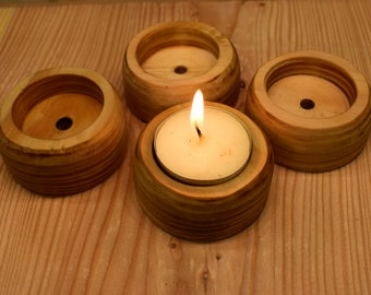 Tealight holder set of 4 wood oak larch natural flamed three variations sustainable upcycling
